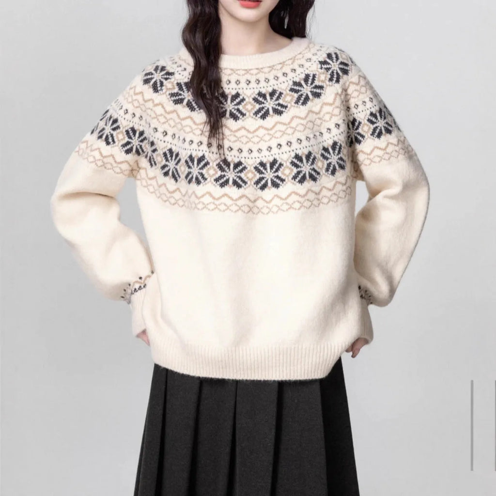 Women's milky white fair isle geometric pattern pullover sweater with a crew neck and long sleeves.