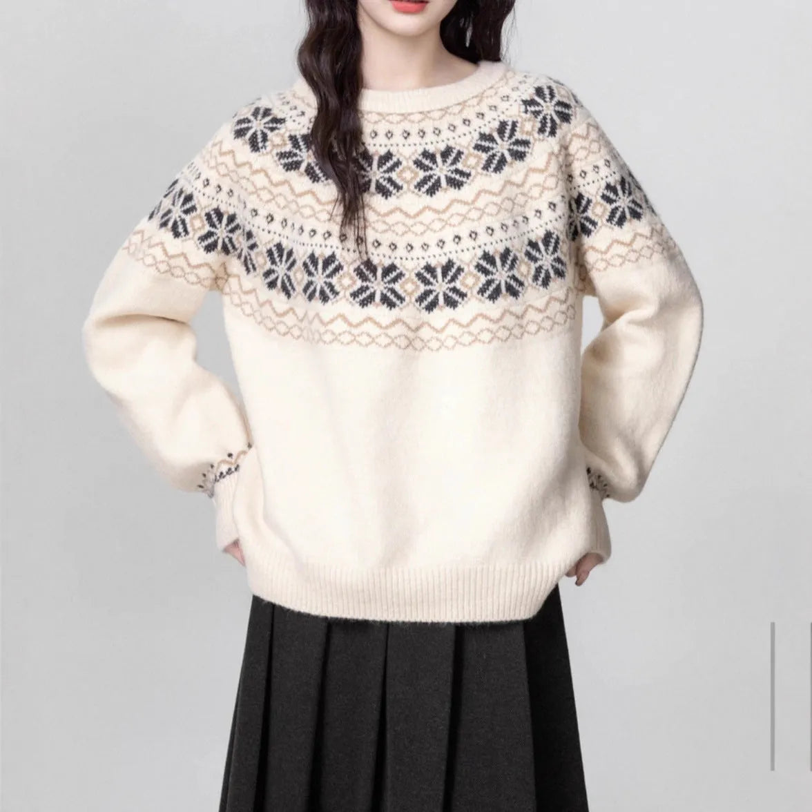 Women's milky white fair isle geometric pattern pullover sweater with a crew neck and long sleeves.