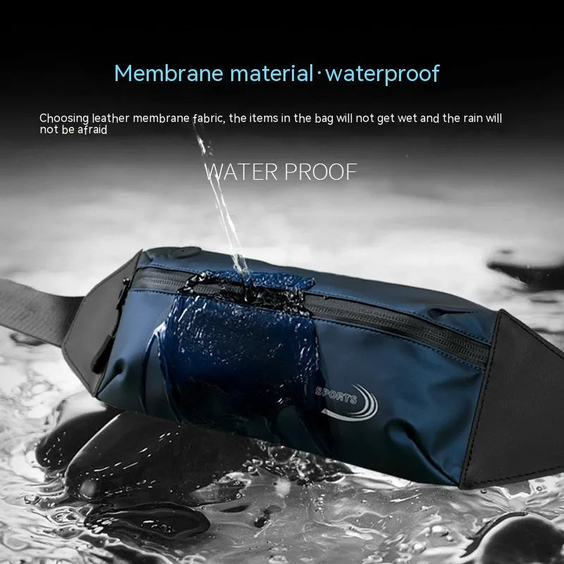 Men's solid-colour waterproof waist bag in blue, shown with dimensions for sports use.