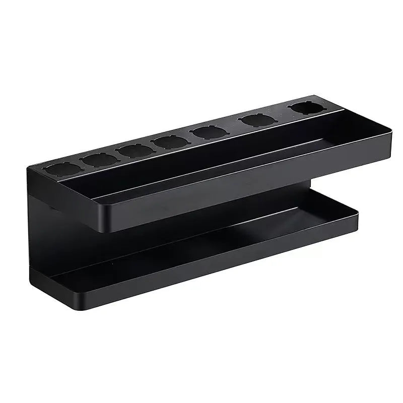 White two-layer aluminium punch-free bathroom storage rack mounted on a wall holding hair curlers.