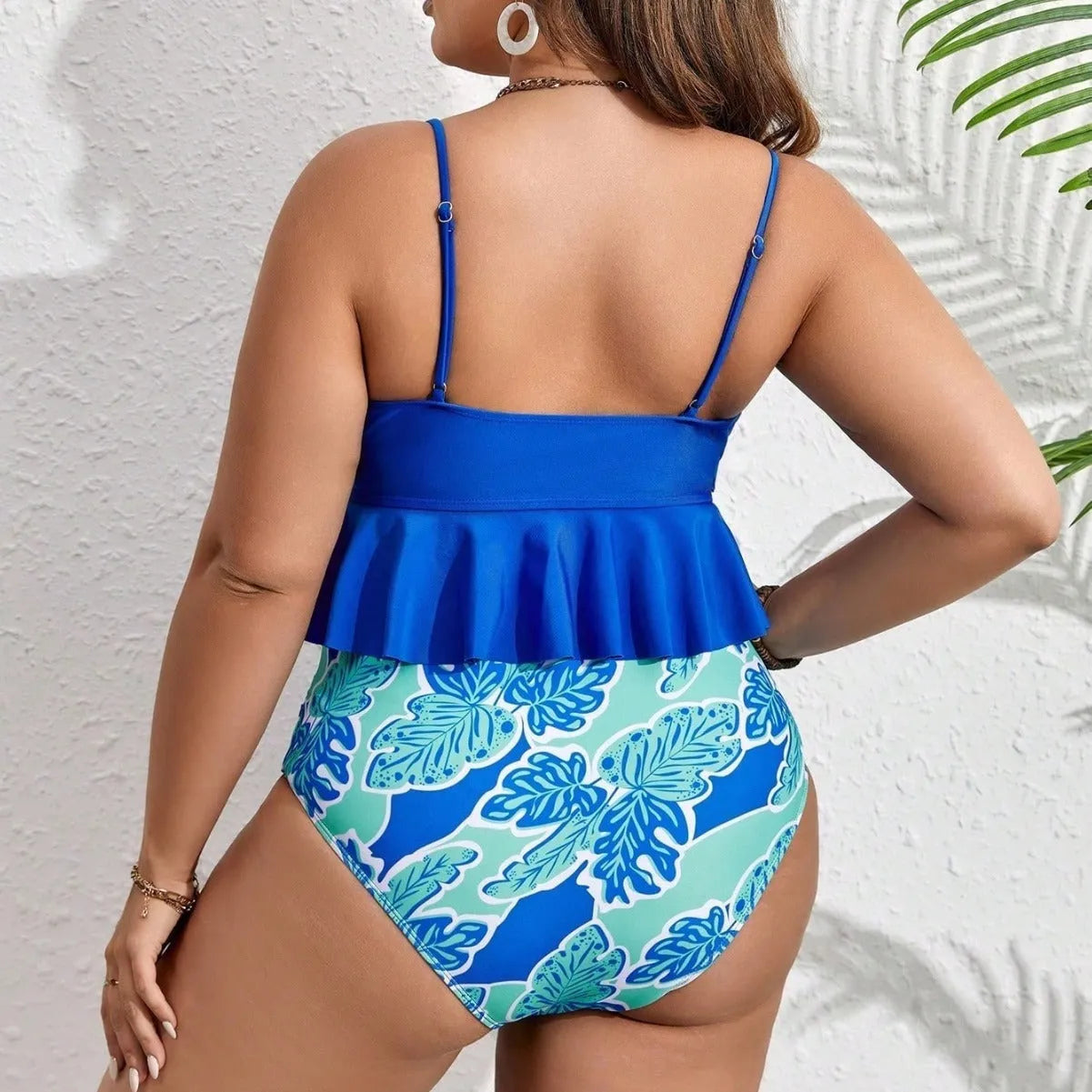 Blue plus size polyester bikini set with top and shorts in European American sizing