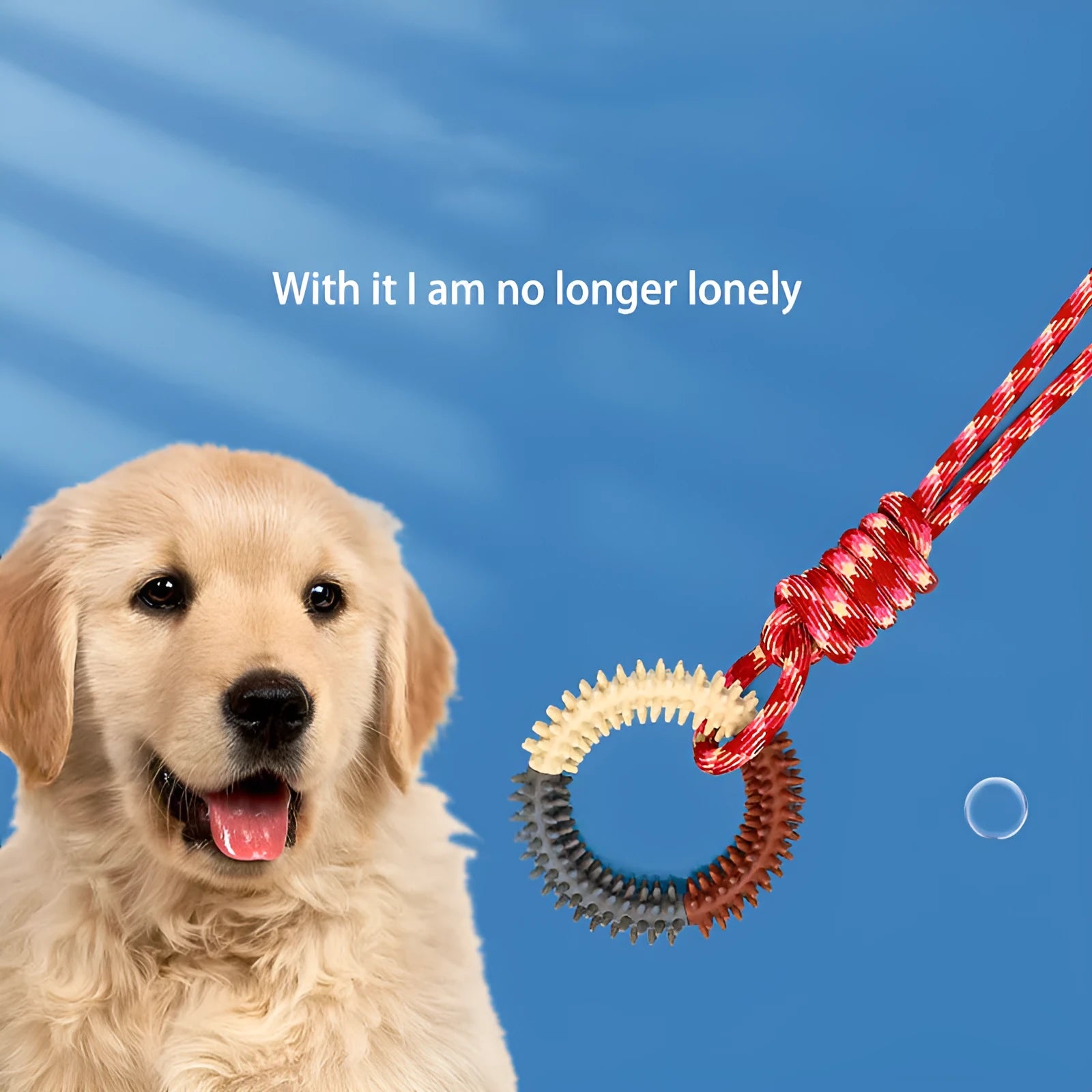 Braided rope dog chew toy with knots in blue colour, shown at 43 cm length