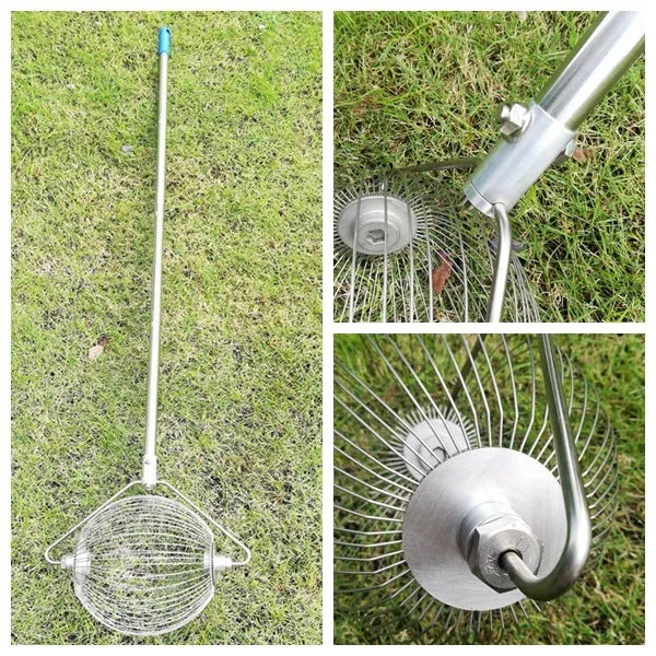 Stainless steel golf ball picker with a metallic finish on a green background.