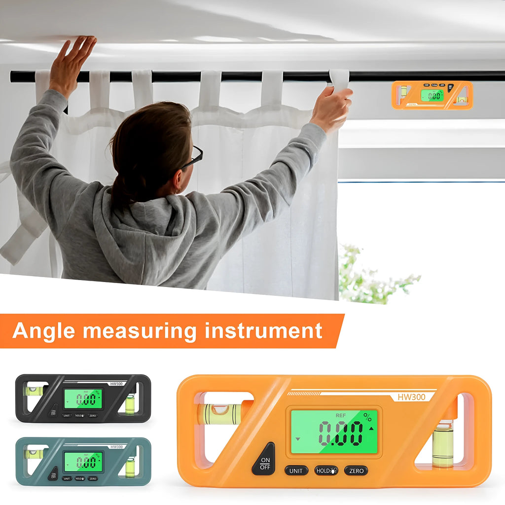 Digital magnetic inclinometer level meter on a metal surface showing angle reading on display.