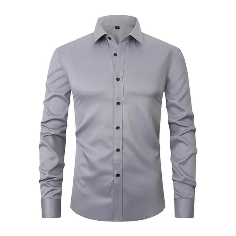 Men's stretch polyester long sleeve work shirt in multiple colours with button-front and crew neck design