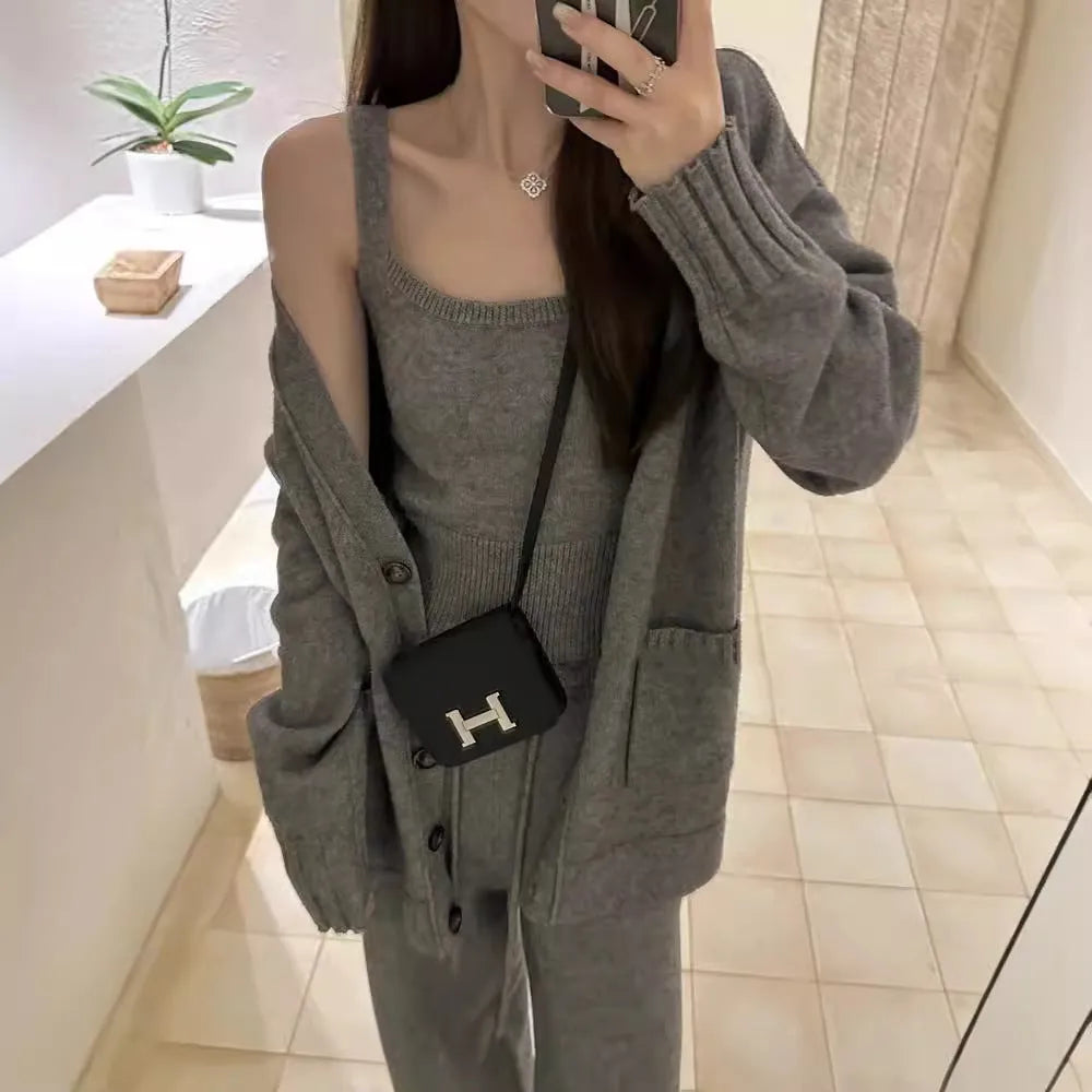 Women's knit cardigan suspender trousers three-piece set in wool blend fabric