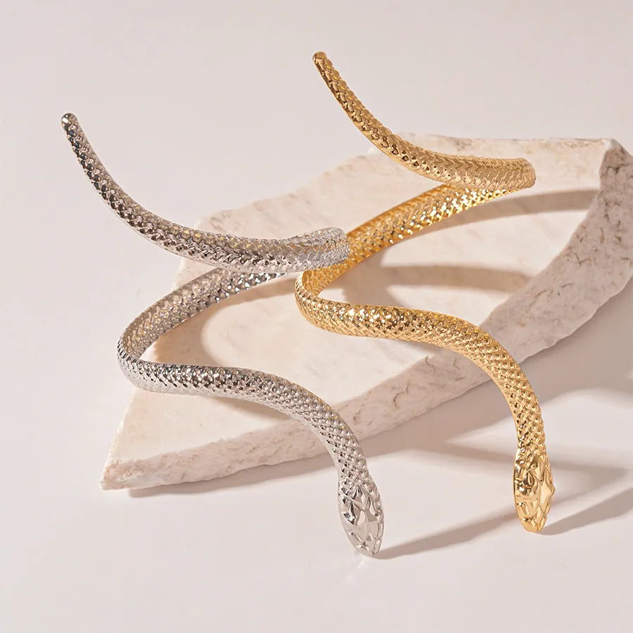 Gold electroplated metal exaggerated twisted winding snake ring and bracelet jewellery set