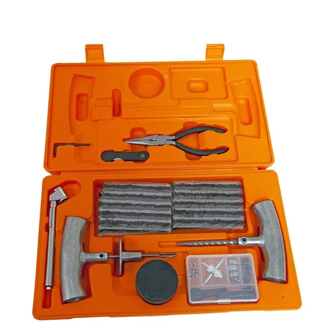 Speedy Seal emergency tyre repair tool set with gauge, insertion tool, and reamer in a yellow case