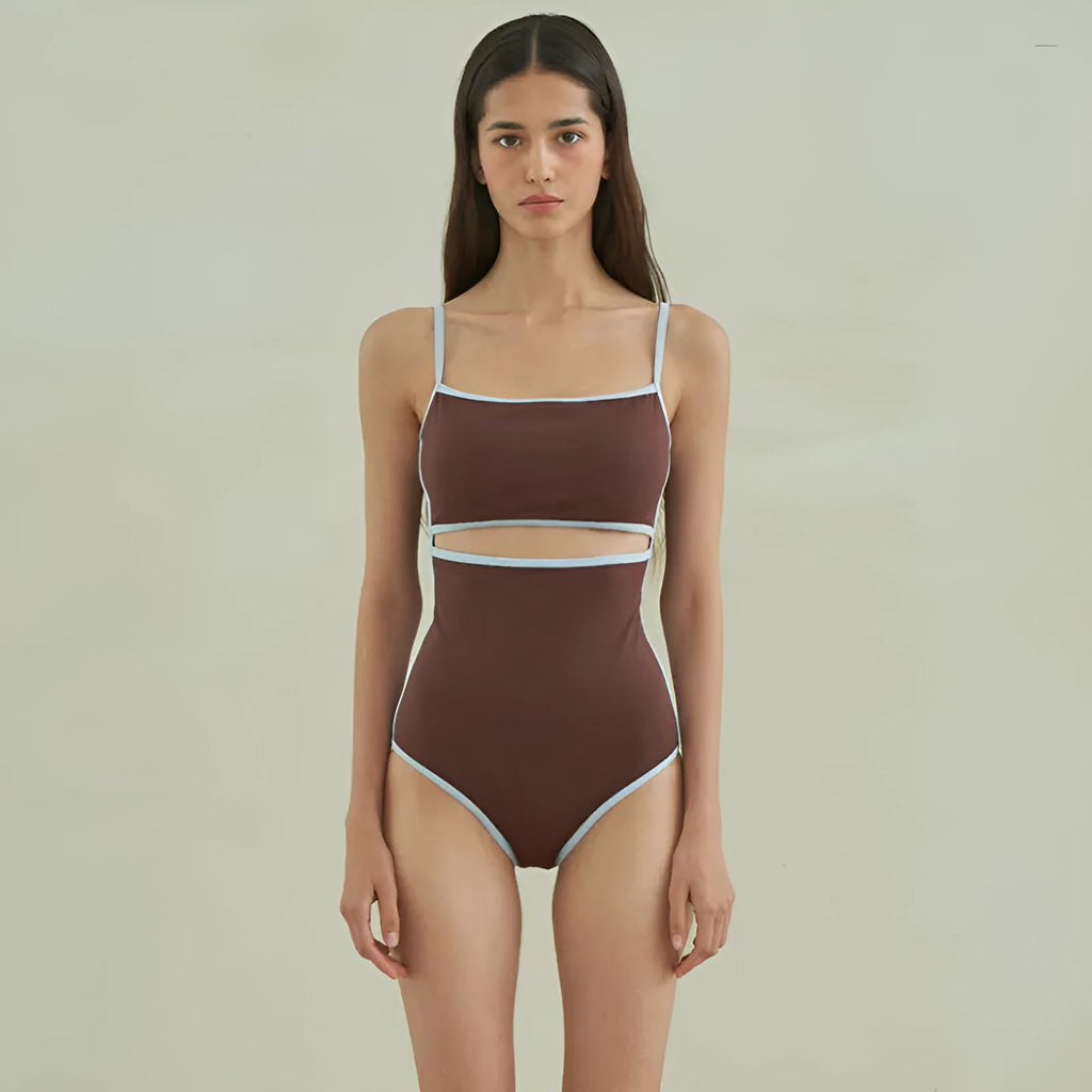 Brown women's triangle one-piece swimsuit with sexy pattern style