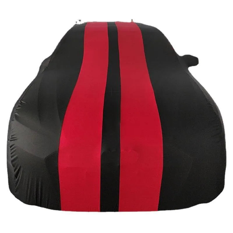 Ford Mustang car cover in elastic fabric shown in a choice of black, red, blue, grey, yellow, or orange.