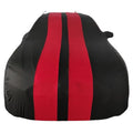 Ford Mustang car cover in elastic fabric shown in a choice of black, red, blue, grey, yellow, or orange.