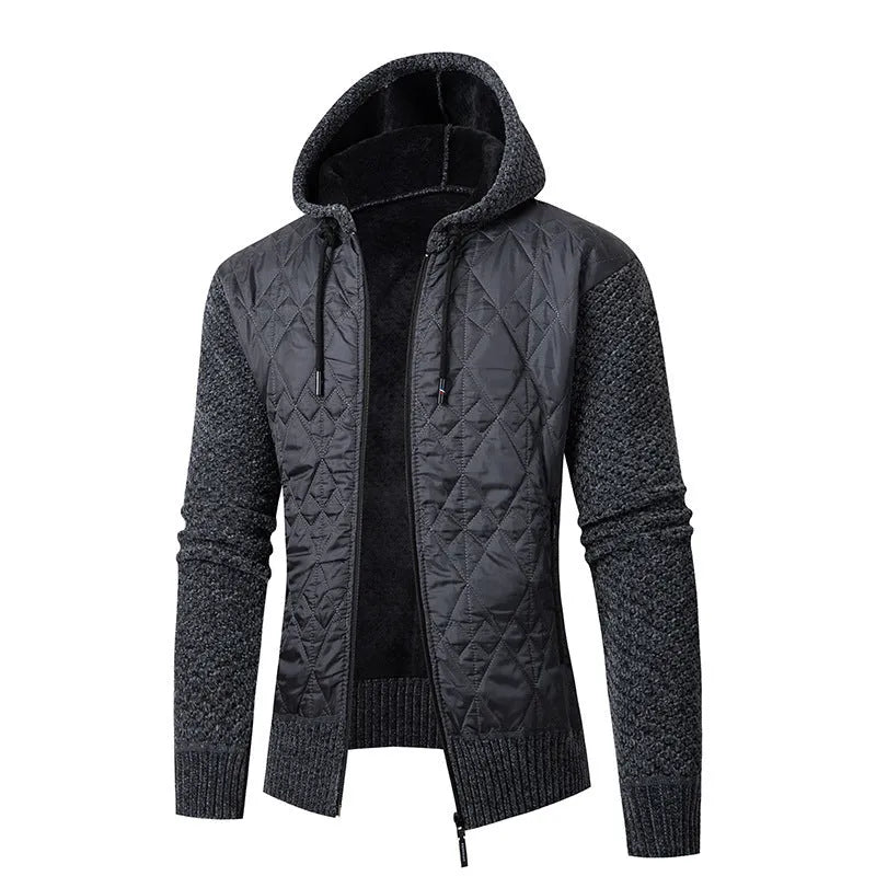 Men's grey hooded corduroy sweater coat with cinched waist and cardigan style