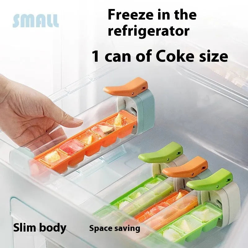 Food-grade ice cube mould with one-press release mechanism and storage box in kitchen setting