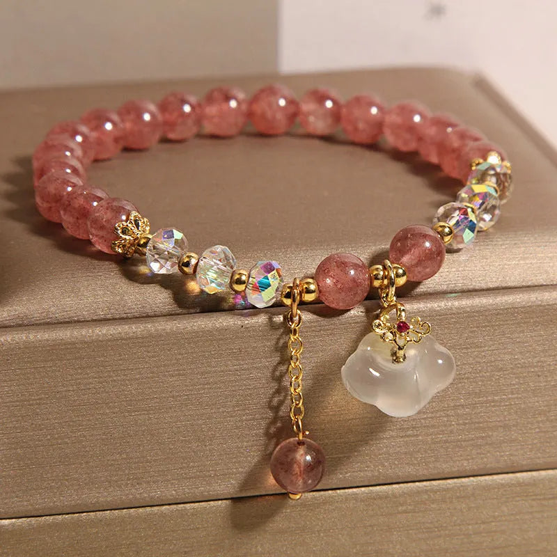 Women's natural strawberry quartz and white agate crystal bracelet with auspicious cloud pattern on elastic string