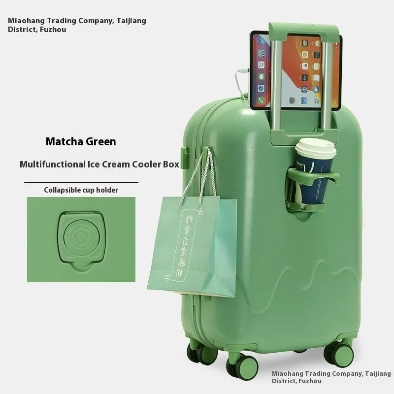 Ice cream pattern lightweight suitcase in lemon yellow with universal wheels and charging interface