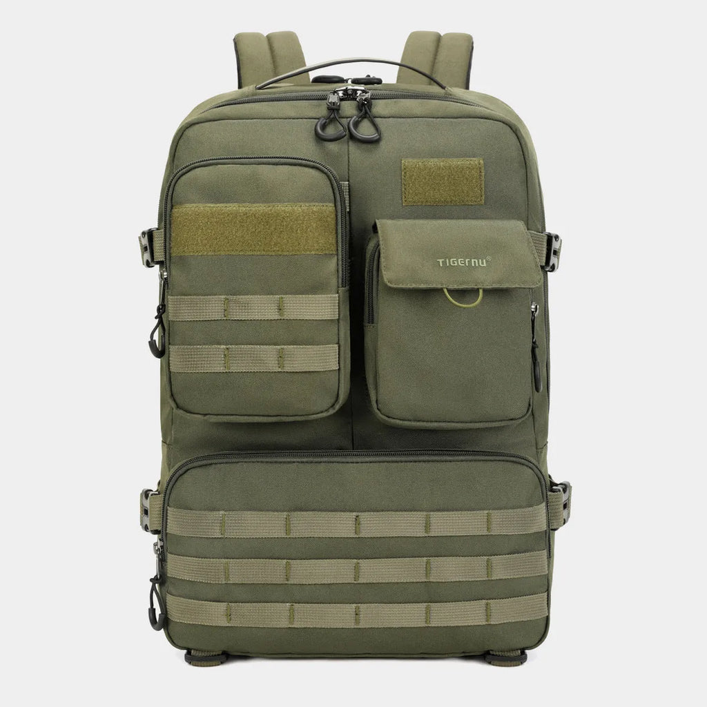 Army green tactical backpack with 17-inch laptop compartment and 35-litre capacity