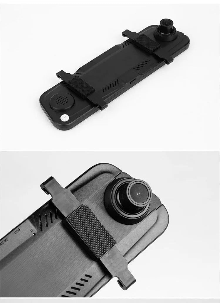 10-inch full screen car dash cam with front and rear cameras on a car dashboard