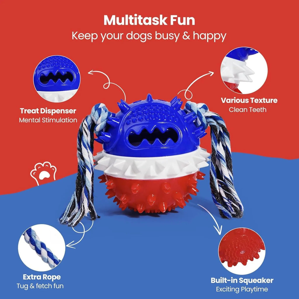 Blue and red squeaky dog chew toy with rope, treat dispenser hole, and 4.25 inch diameter ball shape.