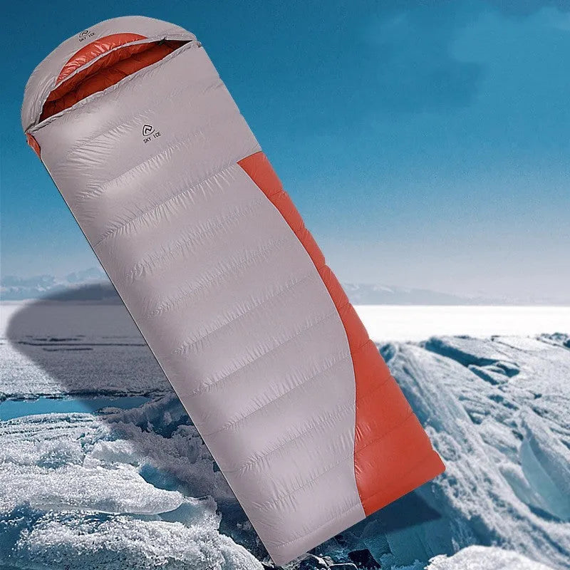 Outdoor camping envelope down sleeping bag in khaki grey with white goose down fill and nylon shell