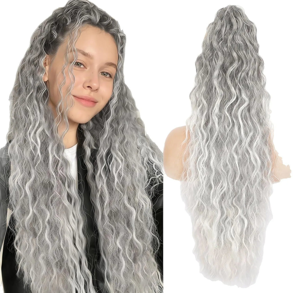 Long curly synthetic ponytail wig in high temperature fibre, 30 inches in length.