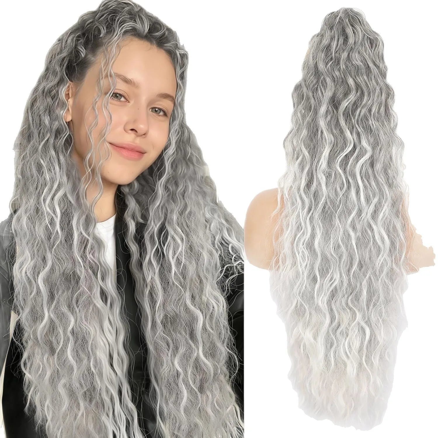 Long curly synthetic ponytail wig in high temperature fibre, 30 inches in length.