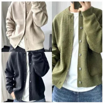 Men's loose fit wool cardigan sweater with round neck in black colour option Hong Kong style