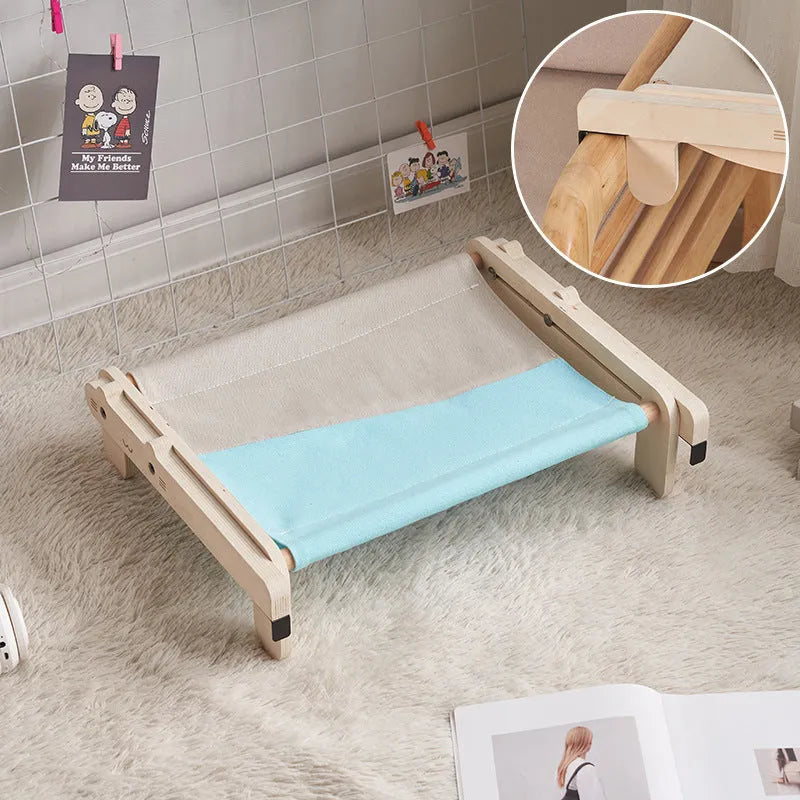 Solid wood pet bed with removable fabric cover in grey blue colour