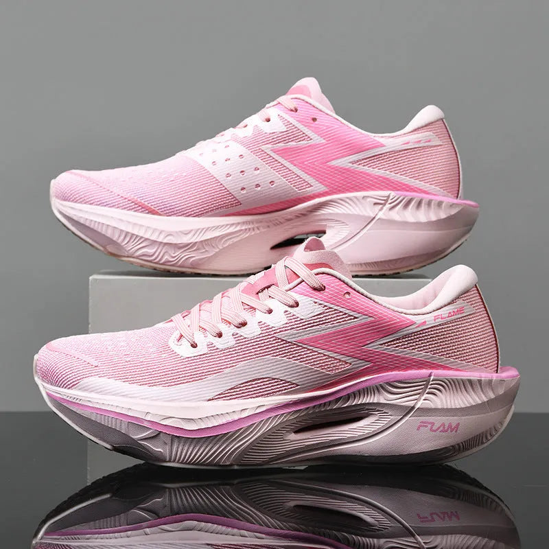 Marathon full palm carbon plate racing running shoes in multiple colours on a white background