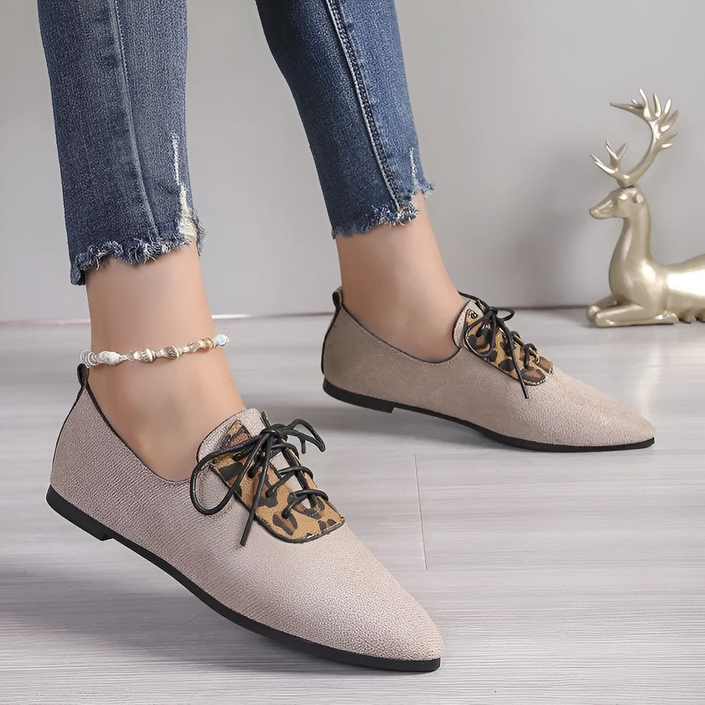 Beige leopard print women's pointed toe pumps with rubber sole in extended sizing