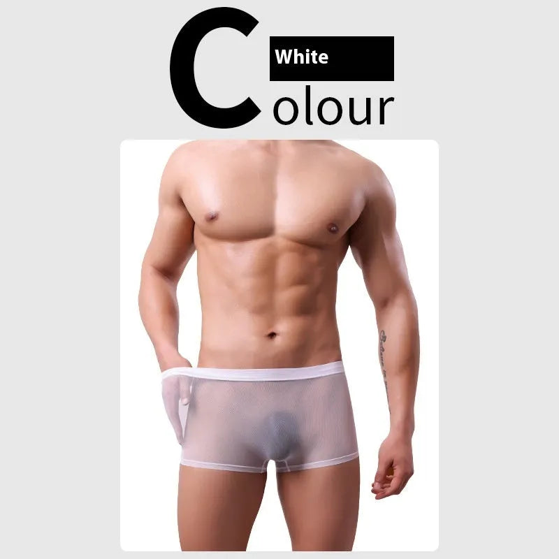 Men's black mesh boxer briefs with low waist and breathable thin fabric.