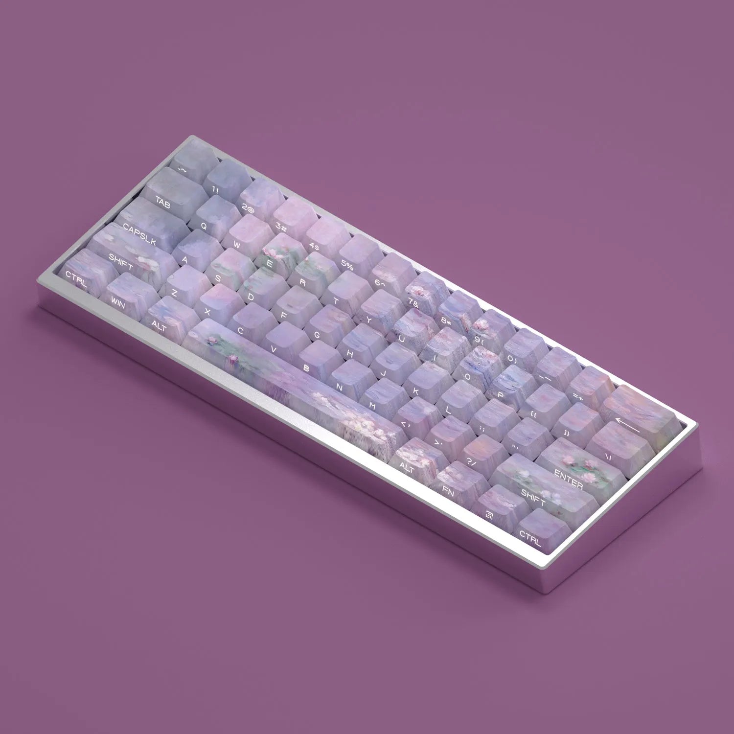Set of white PBT keycaps with colourful water lily design on top and sides, showing side-engraved transparent characters.