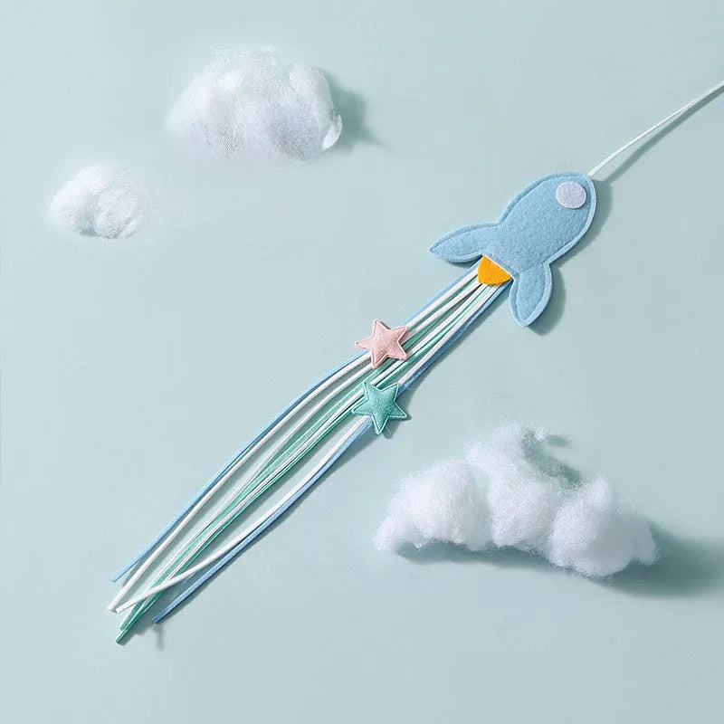 Blue cat teaser toy with long pole and feather attachments for interactive play
