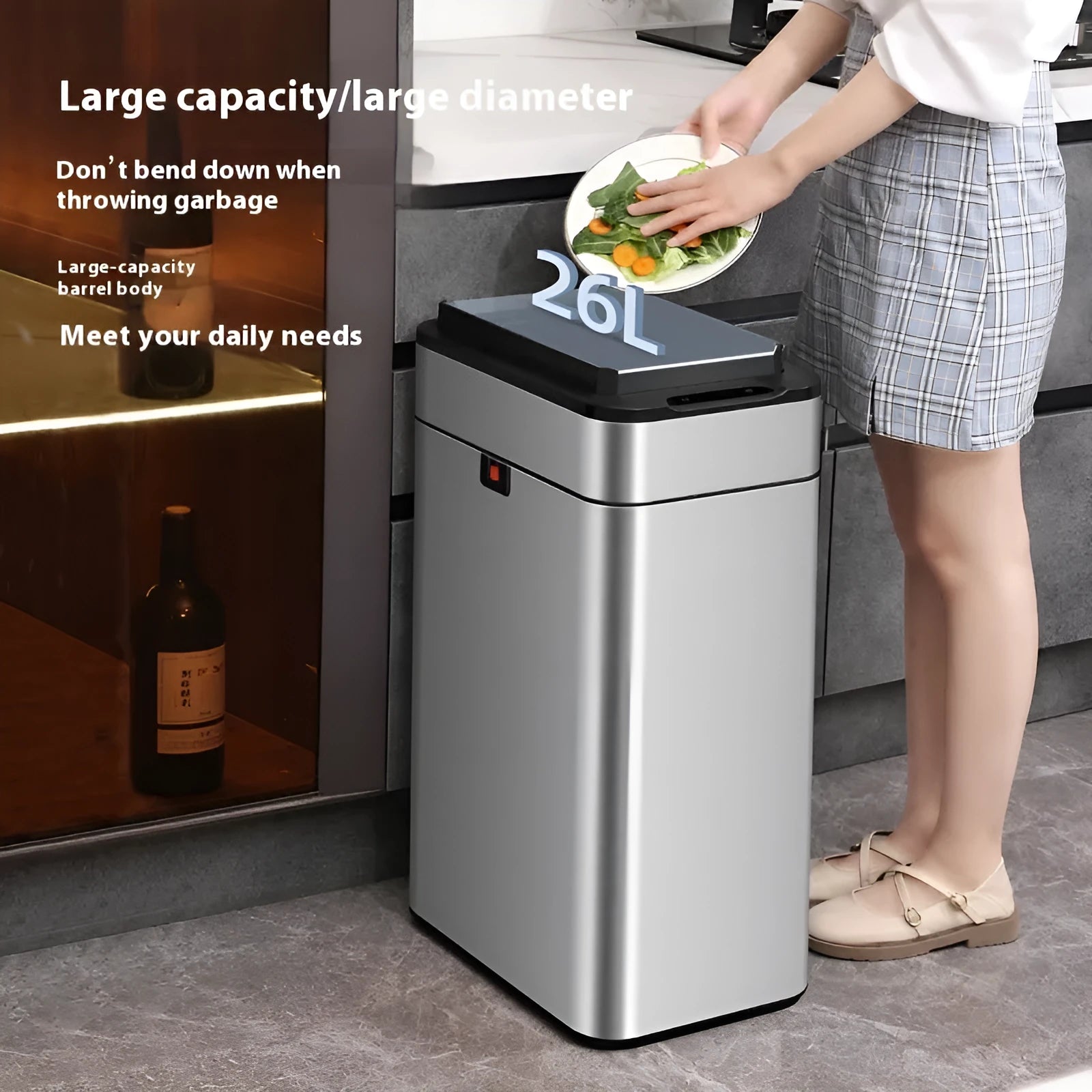 Stainless steel square smart trash can with induction sensor lid and deodoriser.