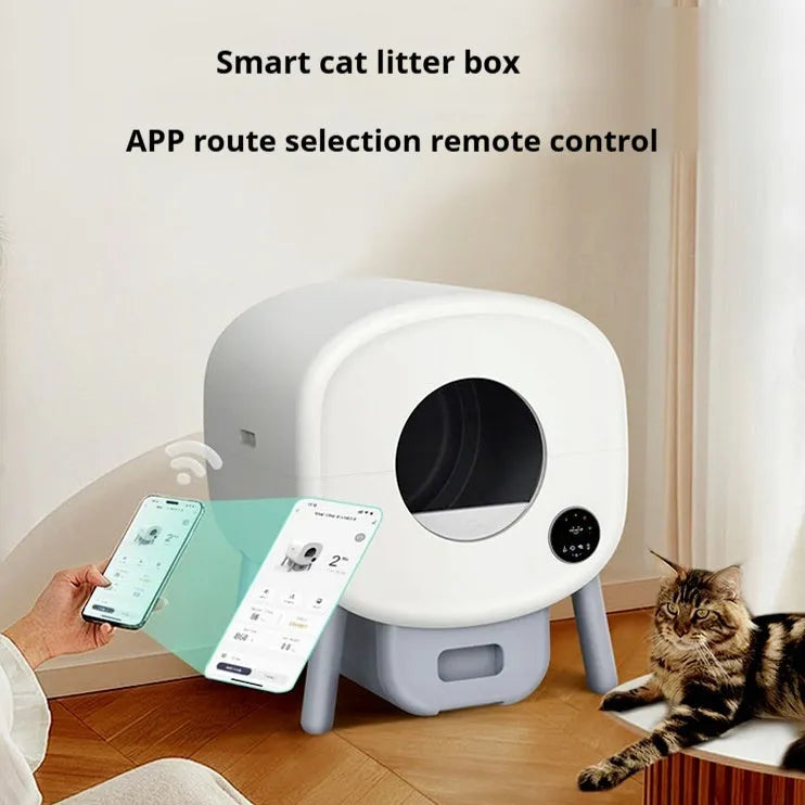 White intelligent automatic self-cleaning cat litter box with control panel, shown with deodorising tablets and cleaning brush.