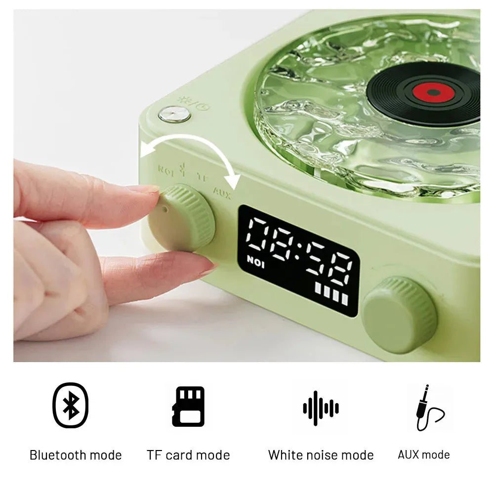 Blue retro turntable Bluetooth speaker with rotating disc and RGB light projection