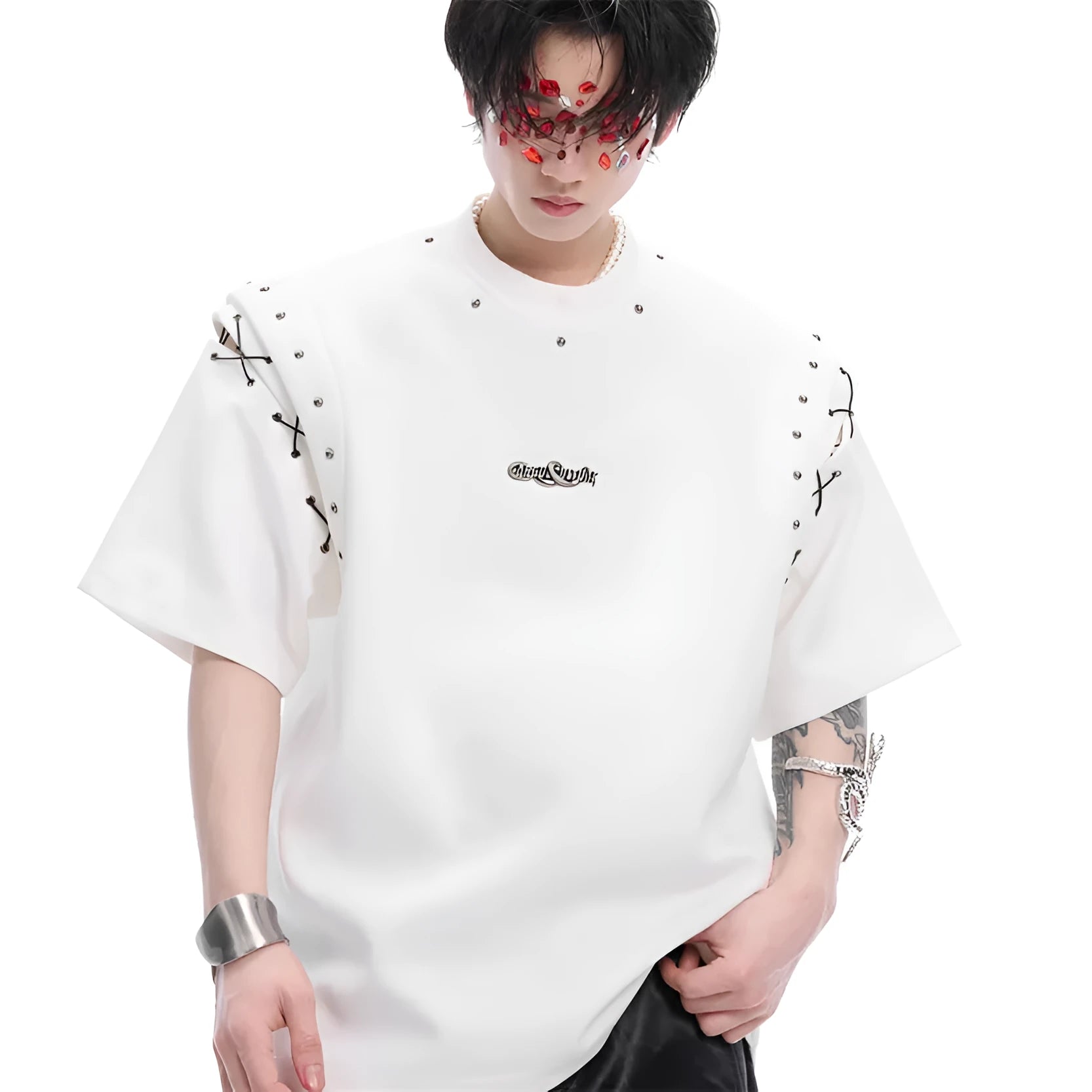 Women's black short sleeve t-shirt with white lace-up cutout detail on front.