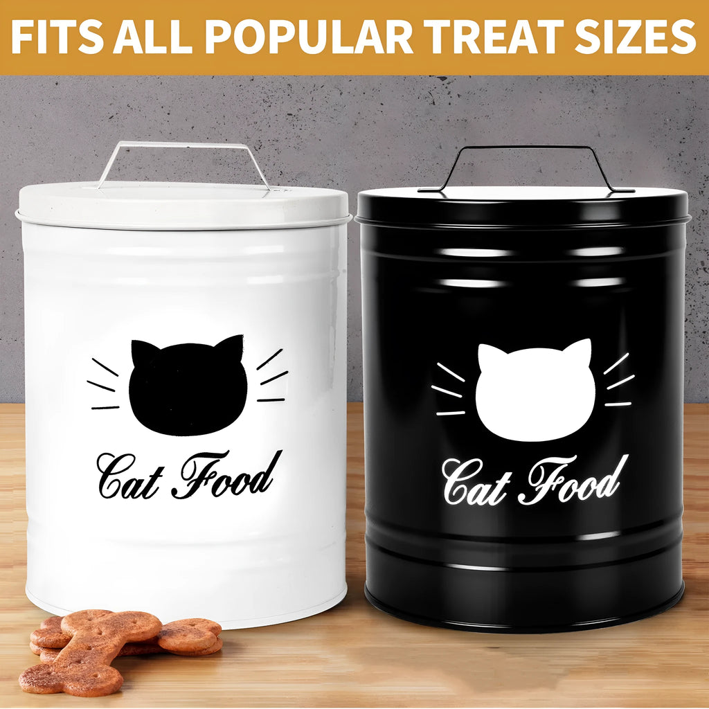 Round black and white iron sheet storage can with lid for kitchen dry goods.