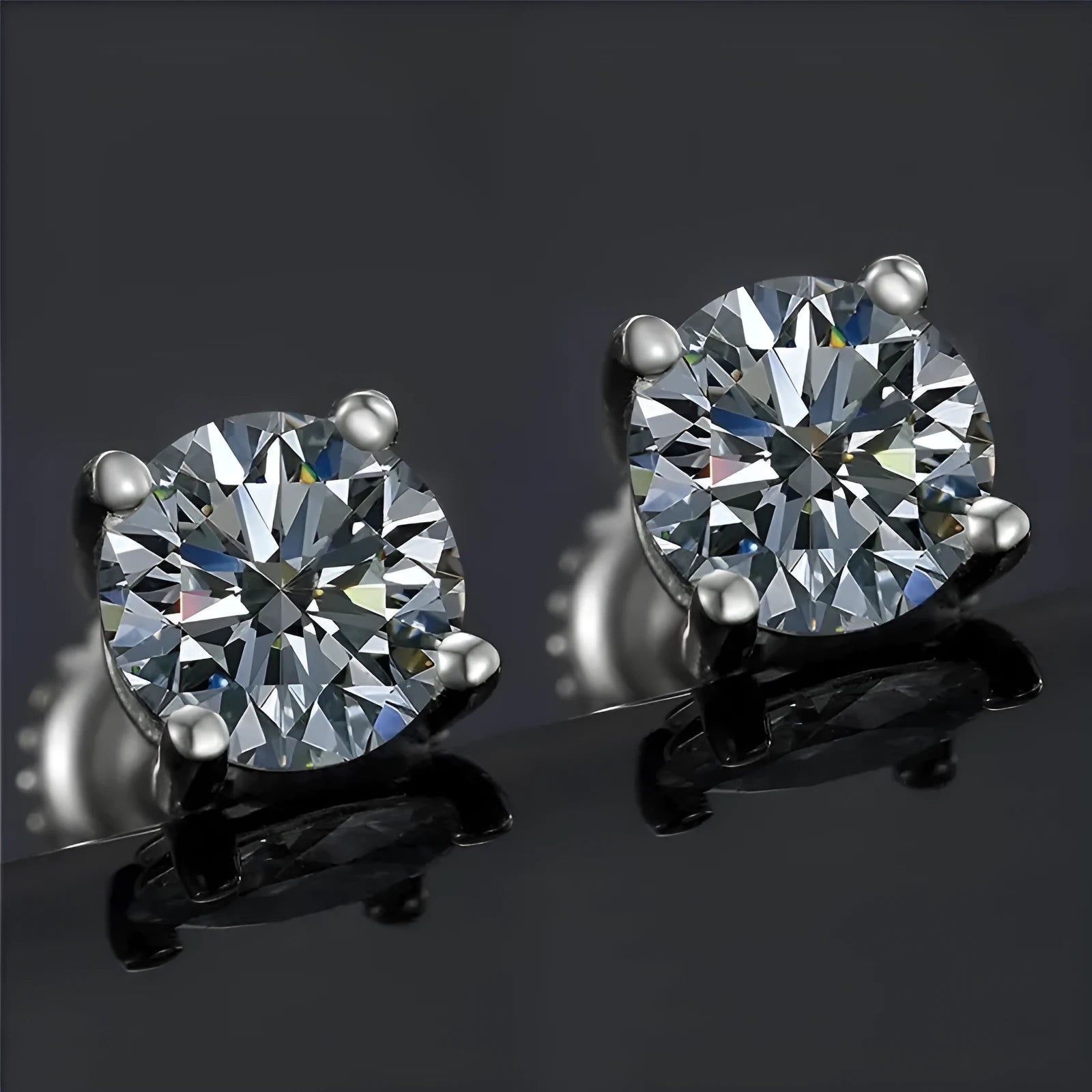 Silver geometric four claw moissanite screw-back stud earrings for women, shown with certificate.