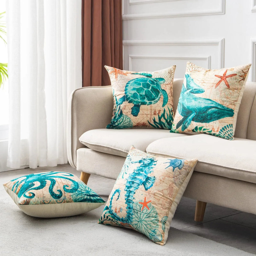 Square linen cushion cover with a detailed blue sea turtle print, showing a hidden zipper along one edge.