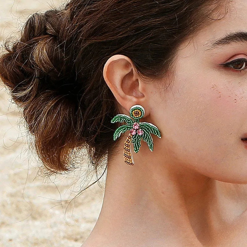 Green bohemian handmade beaded fruit shape ring earrings with glass and coloured glaze beads for women