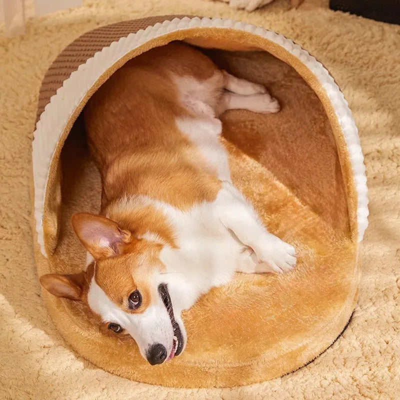 Blue dog nest sleeping bag with removable cover, shown in a medium size.