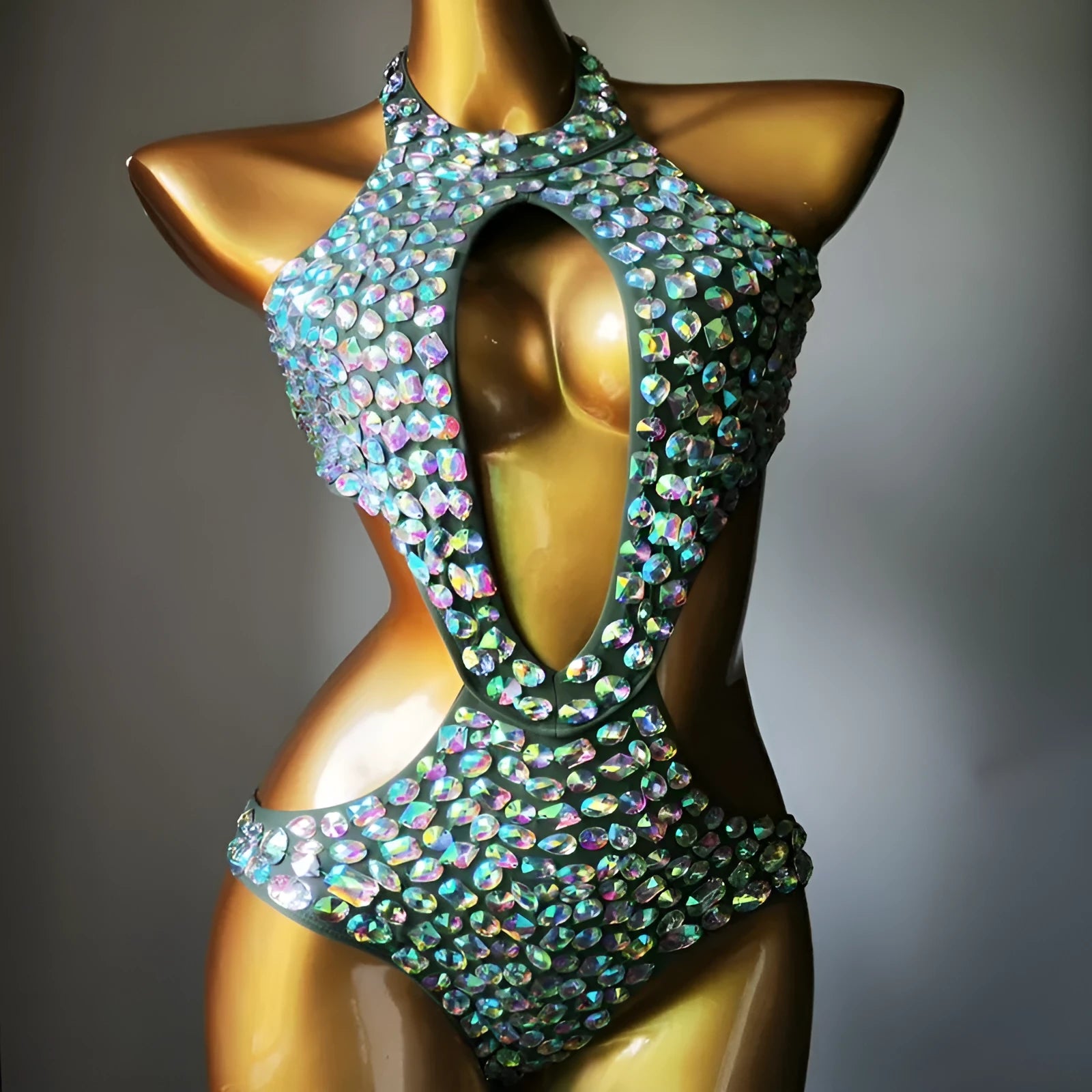 Women's one-piece diamond mesh swimsuit in army green colour