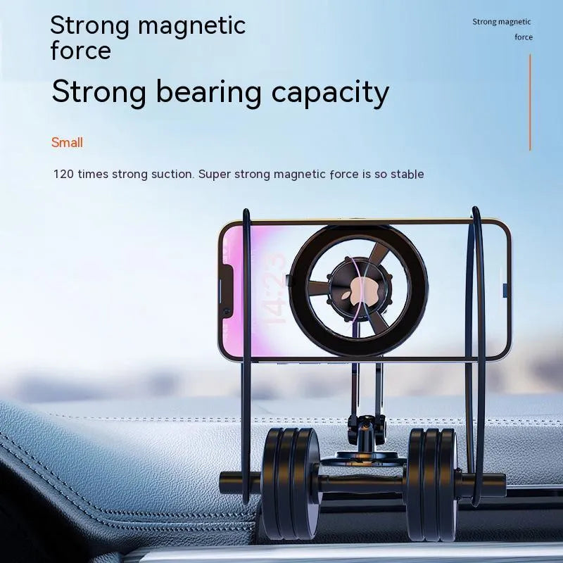 All-metal magnetic car phone holder mounted on a dashboard, showing 360-degree rotation.