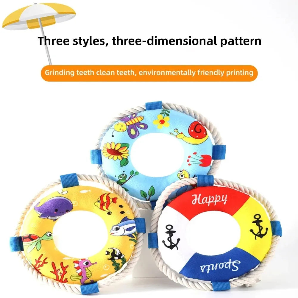 25cm diameter soft plush dog pull ring toy with squeaker for fetch games and chew training