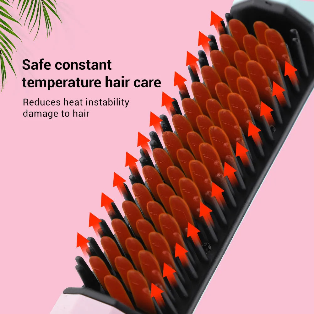 Pink cordless straightening comb with USB charging port and anti-scald design