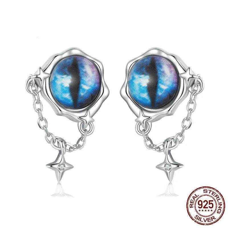 Mysterious retro blue devil eye stud earrings in S925 silver, 2.3cm high, 1.3cm wide, pair of earrings