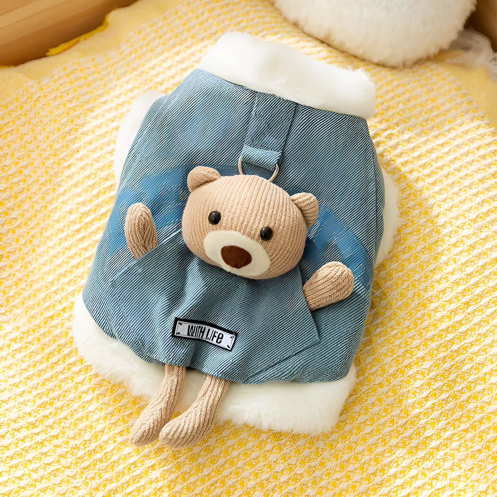 Blue denim pet coat with 3D bear pocket and wool lining for warm winter walks