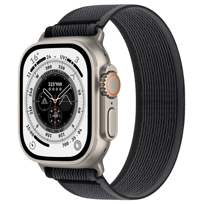 Nylon single ring strap Apple Watch band in multiple colours on a grey background.