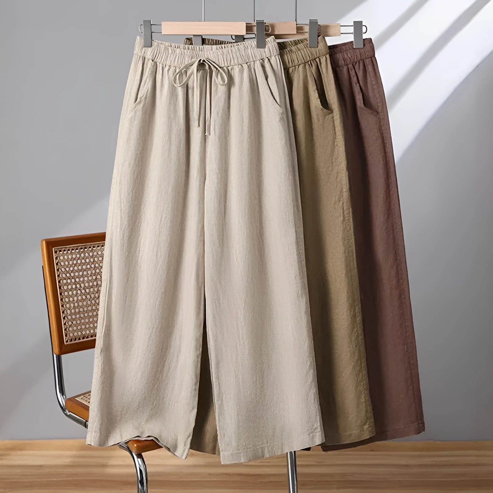 Women's straight-leg trousers with lace-up drawstring waist in apricot colour