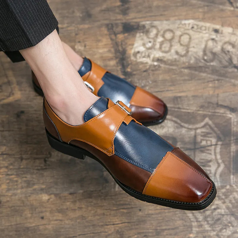 Men's brown blue retro casual shoes with tall crown and buckle detail on microfiber upper.